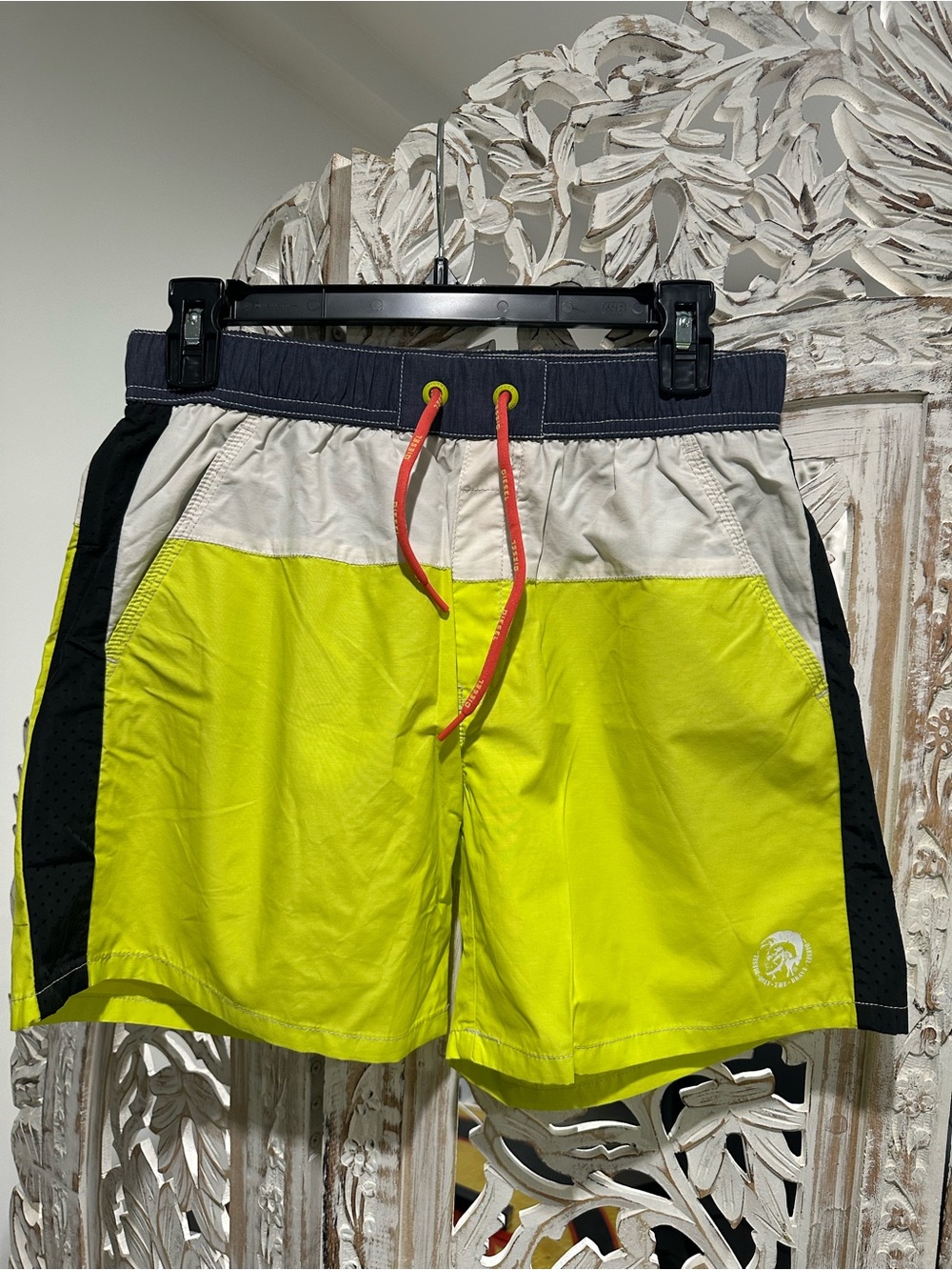 Diesel Navy, Neon Yellow & Coral Drawstring Swim Shorts